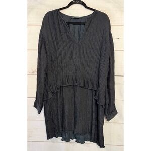 ZARA Black Crinkle‎ Metallic Dot Long Sleeve V Neck Dress Women L Chic